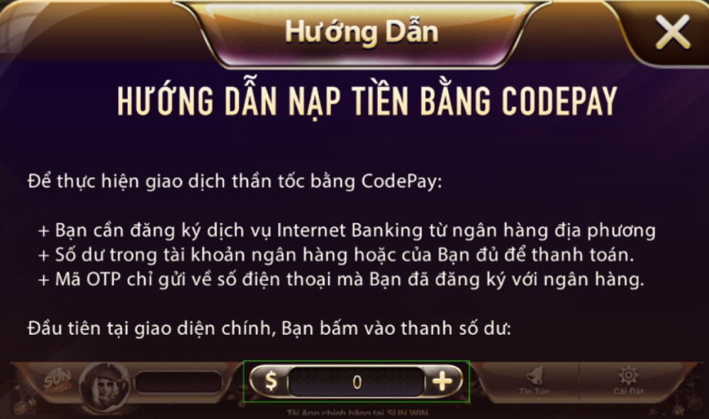 Sunwin hỗ trợ người chơi nạp tiền qua codepay vô cùng tiện lợi