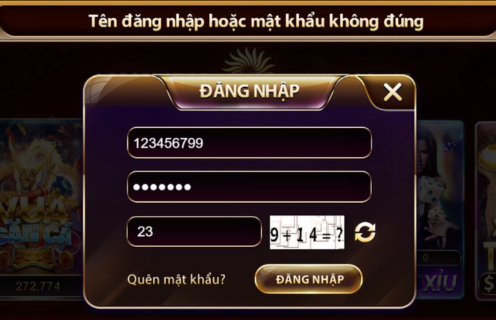 Hệ thống báo sai khi điền thông tin đăng nhập Sunwin không khớp